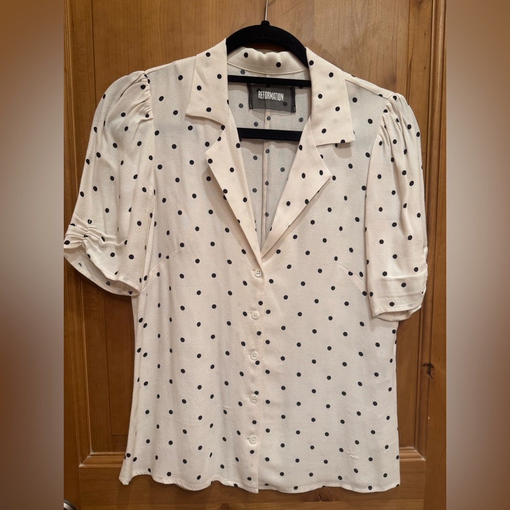 Reformation Cream Buttoned Notched Collar Blouse